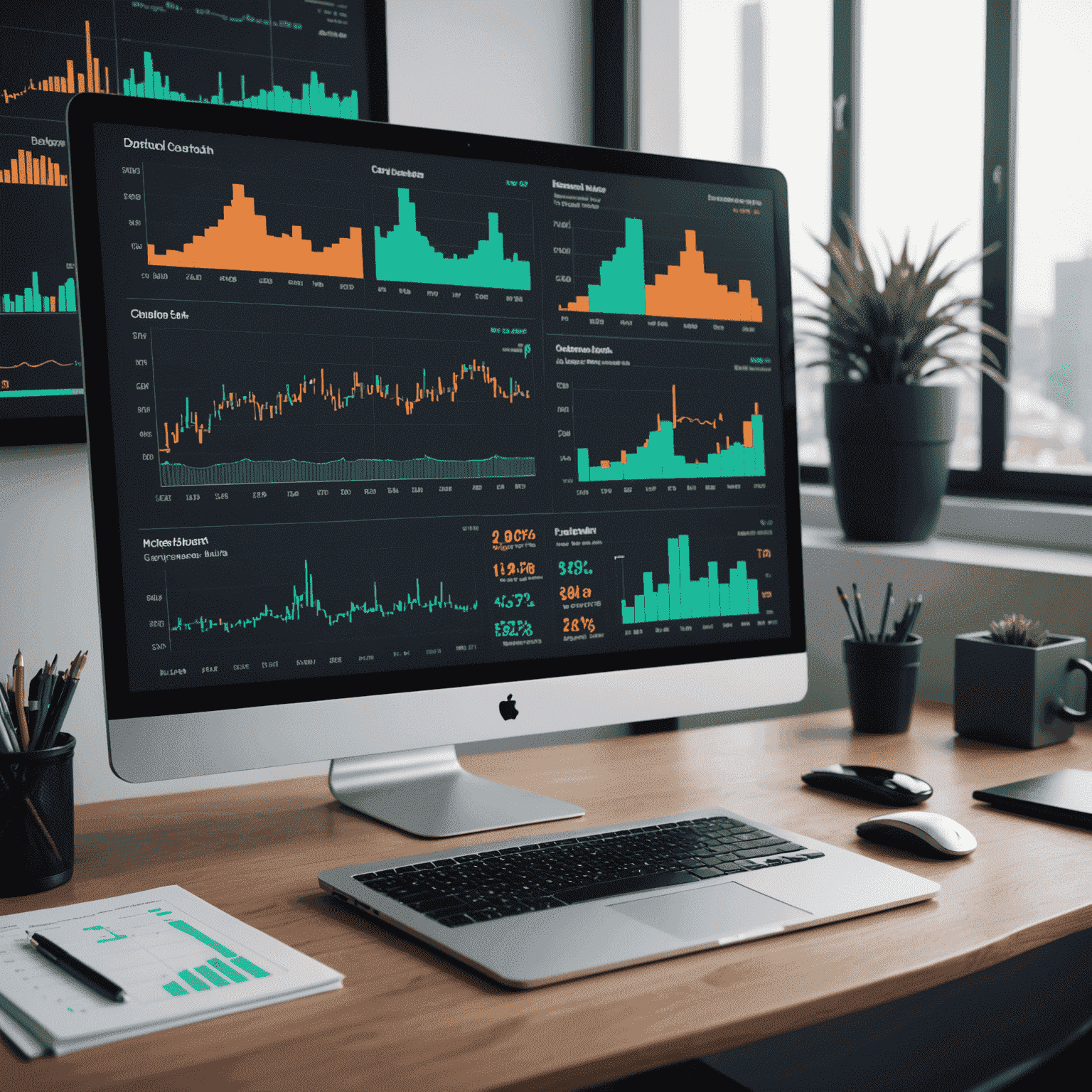 Imagen de una interfaz de usuario moderna mostrando gráficos financieros y un dashboard con inteligencia artificial analizando datos en tiempo real