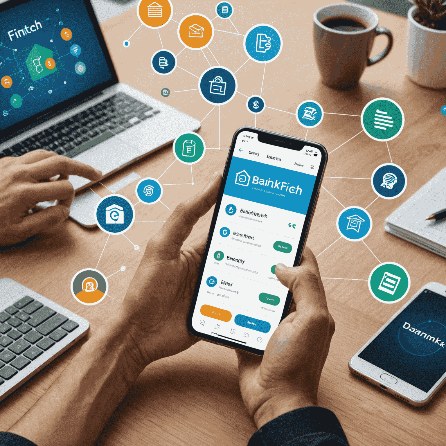 Imagen de una persona utilizando una aplicación bancaria en un smartphone, rodeada de iconos de tecnología financiera