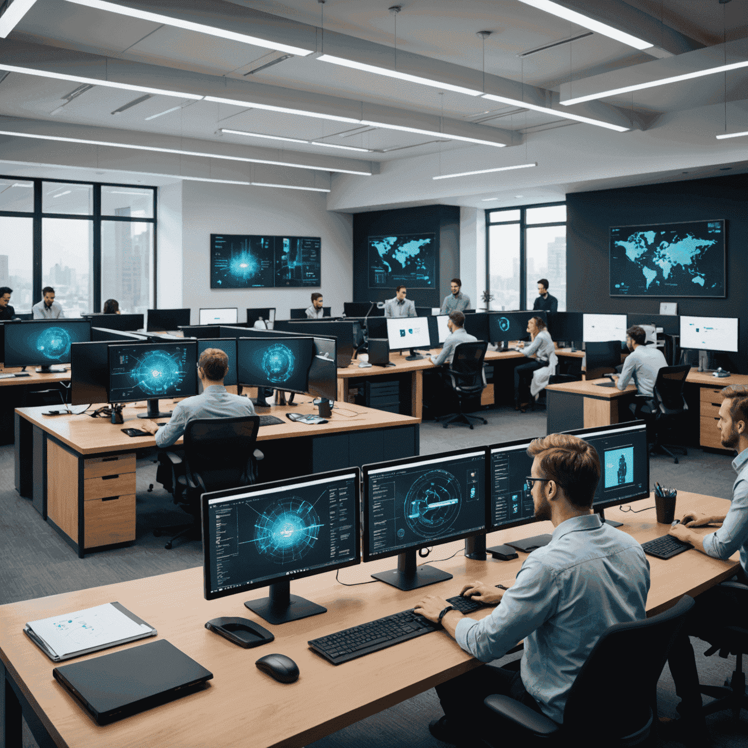 Oficina moderna de InnovaTech con empleados trabajando en computadoras avanzadas y pantallas mostrando algoritmos de IA