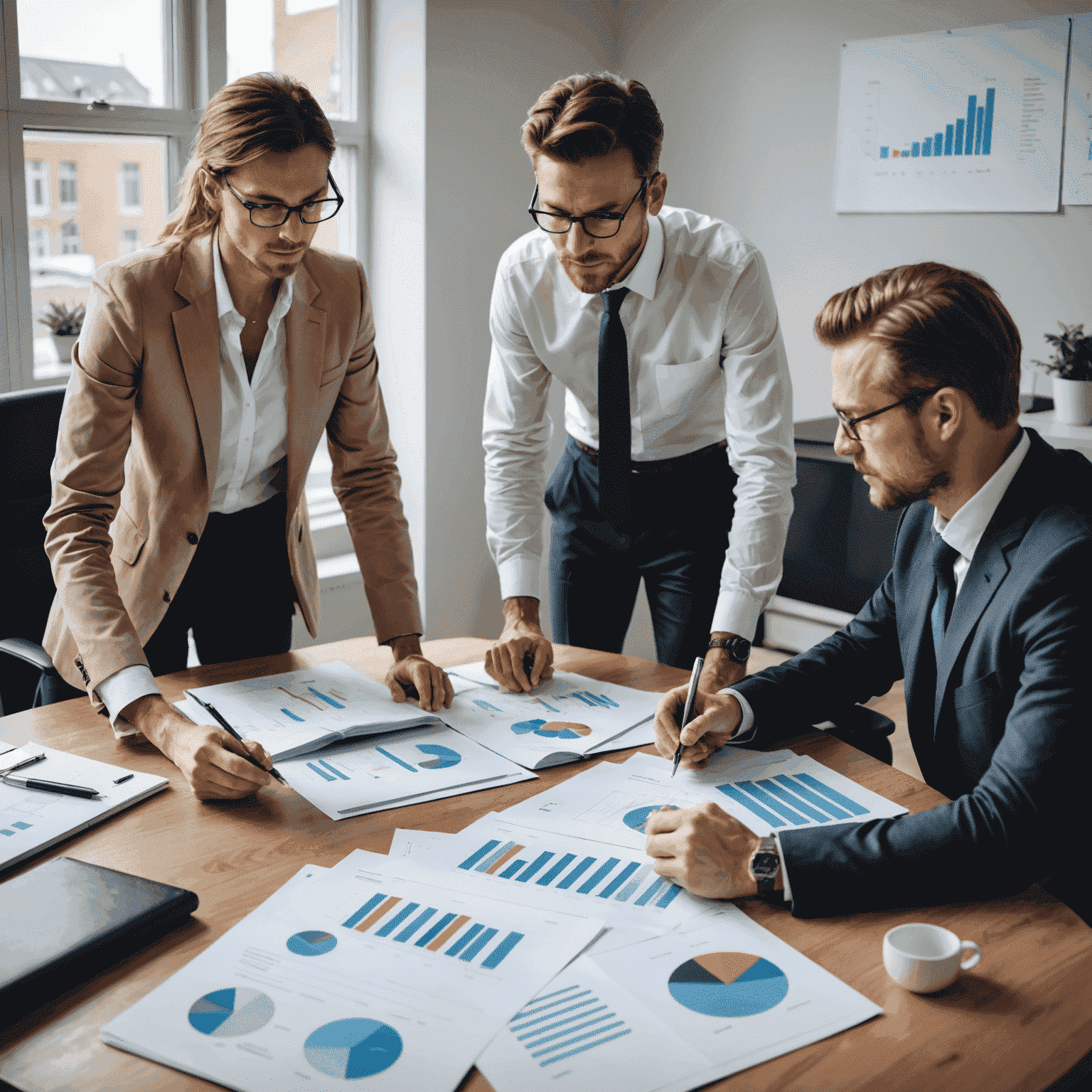 Imagen de un equipo de profesionales discutiendo estrategias empresariales alrededor de una mesa con gráficos y documentos