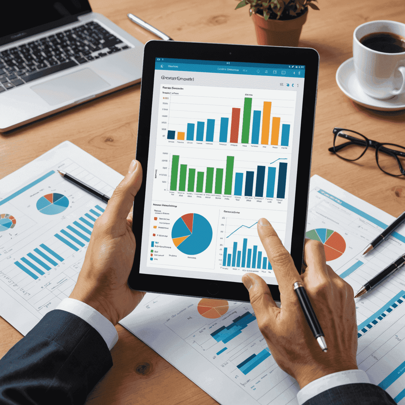 Imagen de un profesional de finanzas analizando gráficos y documentos financieros en una tableta, rodeado de gráficos de barras y líneas que representan el crecimiento financiero