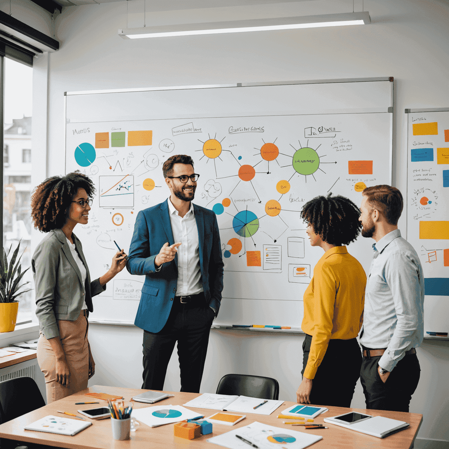 Equipo de marketing discutiendo estrategias innovadoras frente a una pizarra llena de ideas creativas y gráficos coloridos