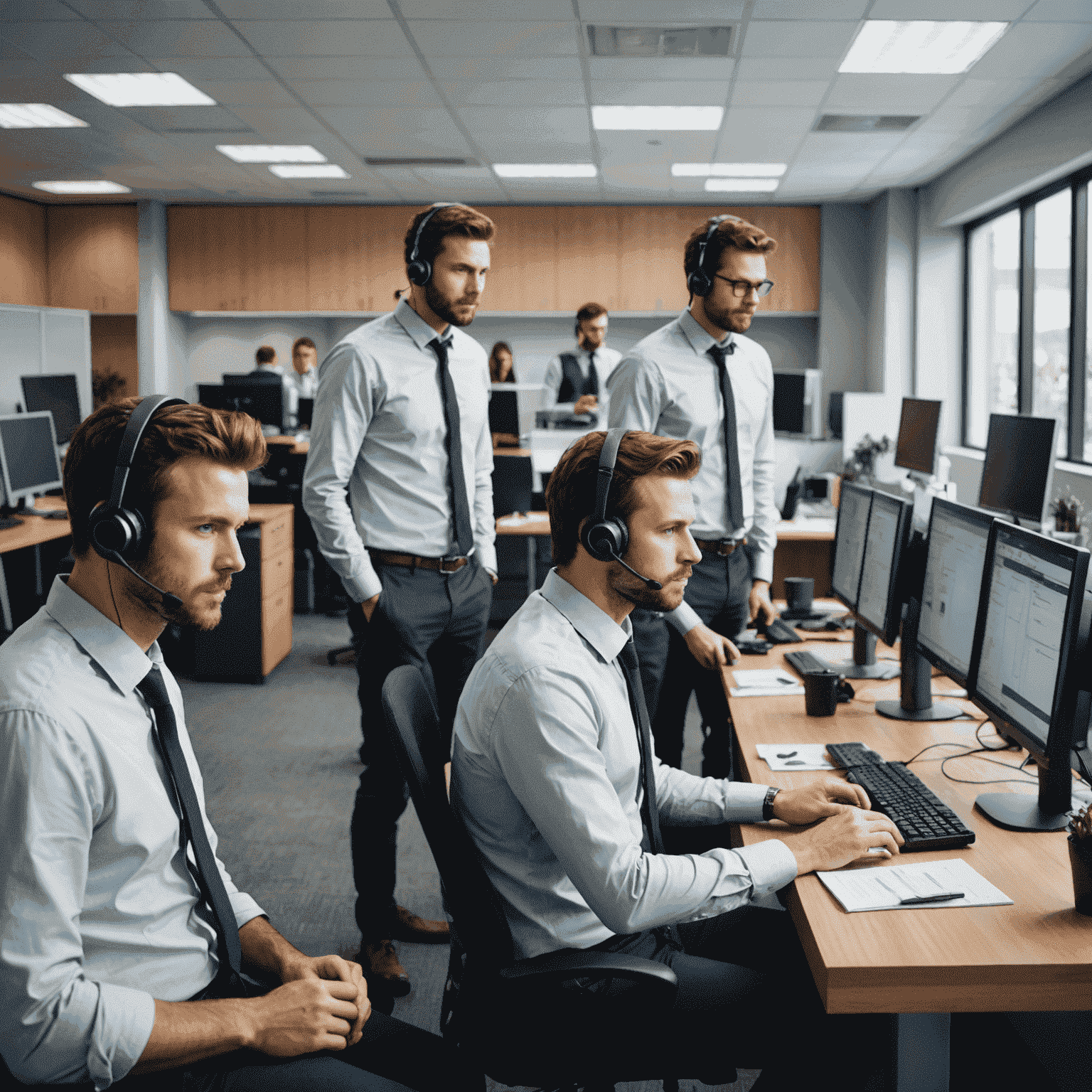 Equipo de soporte de TI trabajando en una oficina moderna, atendiendo llamadas y resolviendo problemas en computadoras