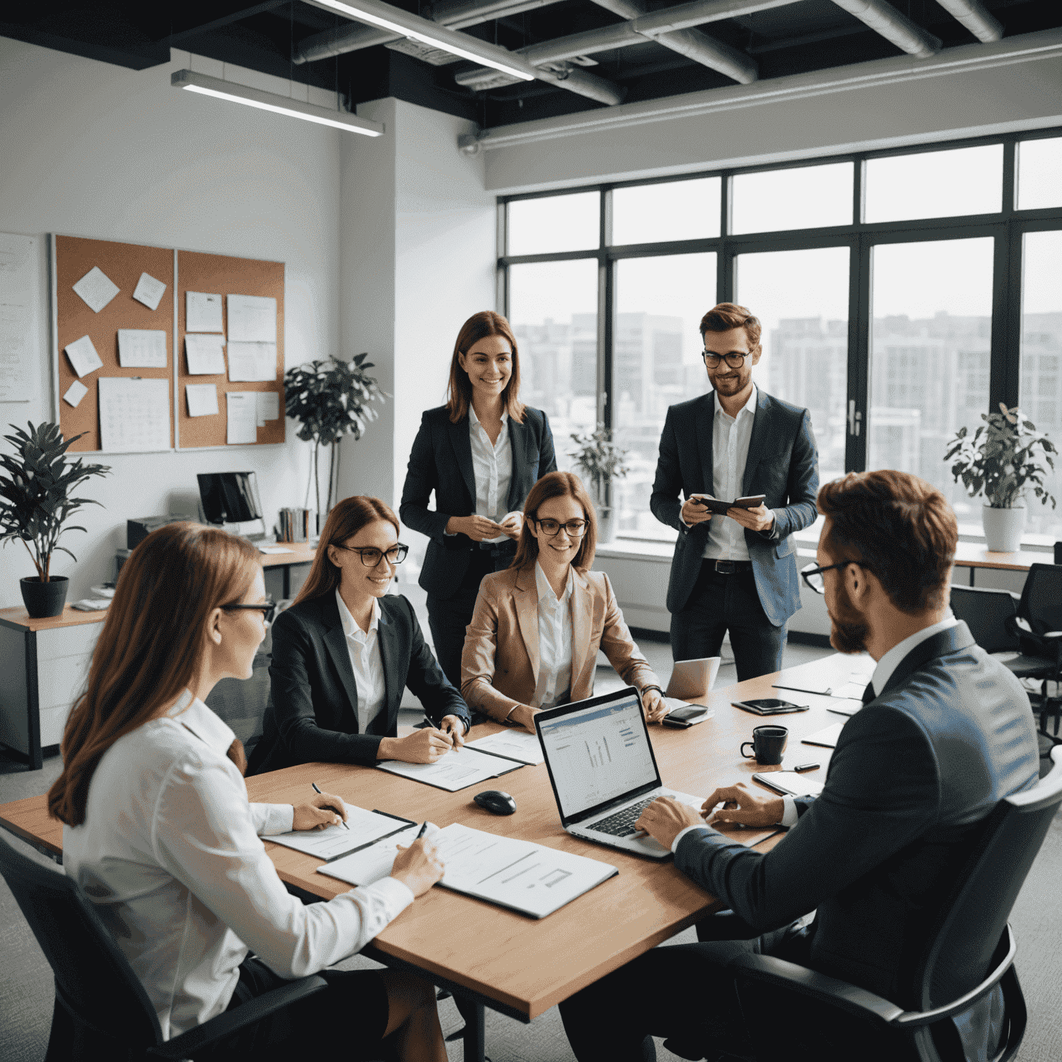 Equipo de recursos humanos trabajando en una oficina moderna, discutiendo estrategias de reclutamiento y desarrollo de empleados