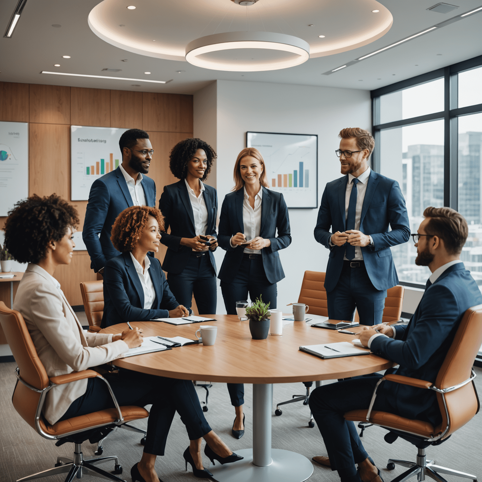 Imagen de un grupo diverso de líderes empresariales en una sala de conferencias moderna, discutiendo estrategias de marketing digital