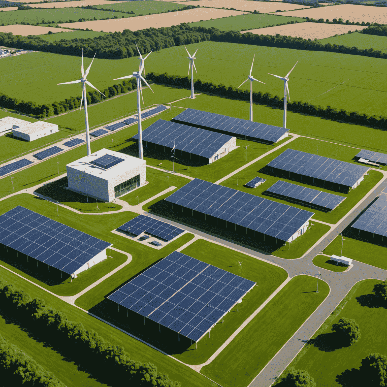 Instalaciones de EcoSolutions mostrando paneles solares y turbinas eólicas en un entorno verde y sostenible
