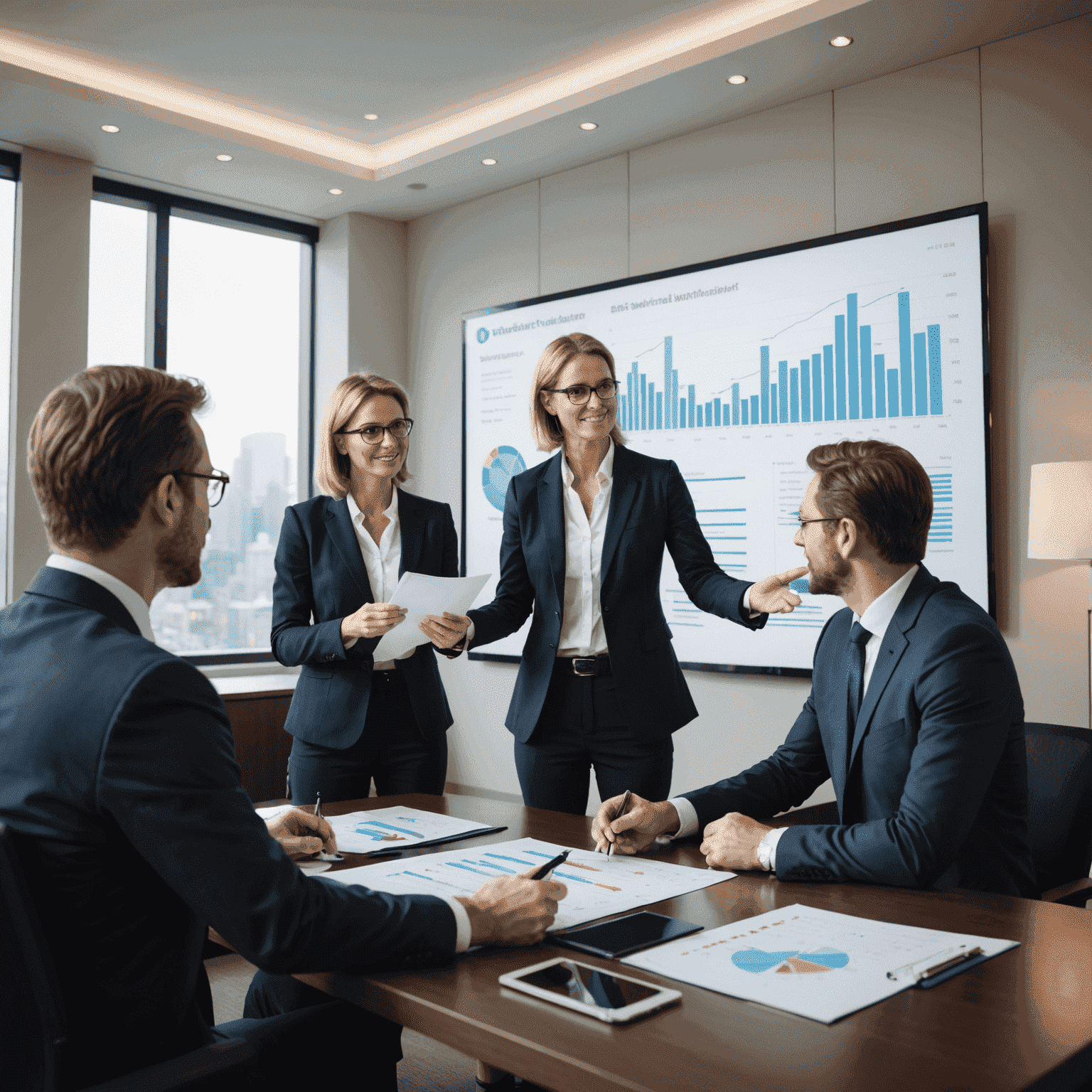 Imagen de un asesor financiero explicando un plan de inversión a una pareja en una oficina elegante con gráficos y proyecciones en una pantalla
