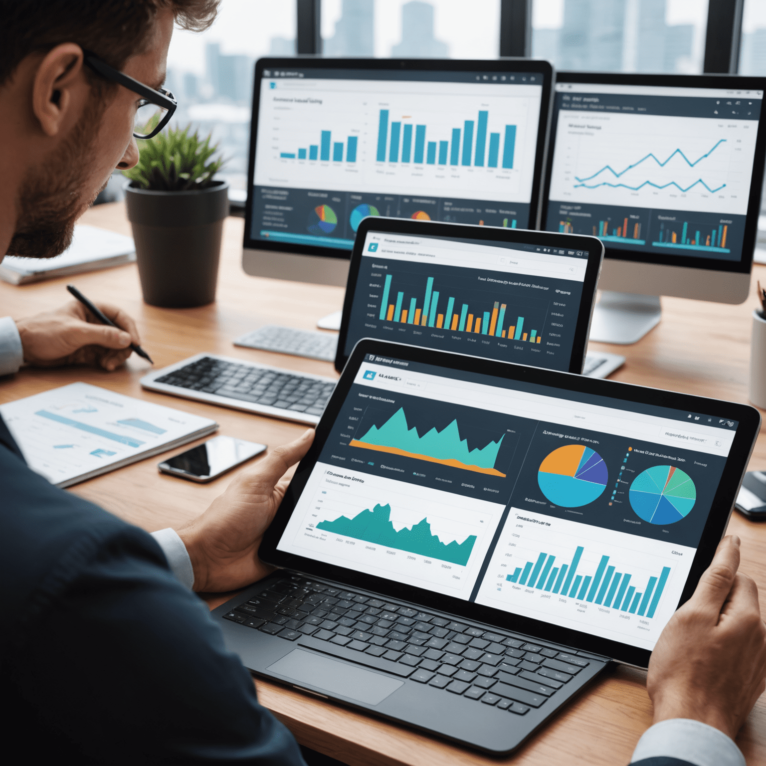 Imagen de una tableta mostrando gráficos de análisis digital y un equipo trabajando en computadoras en segundo plano