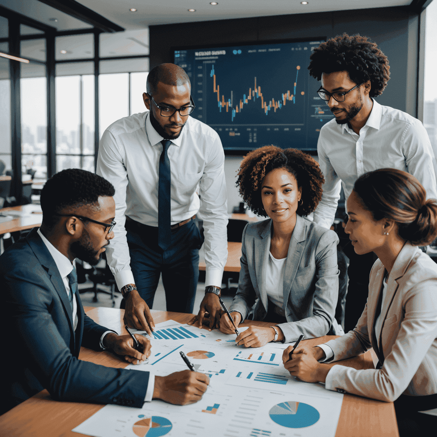 Imagen de un equipo diverso de profesionales de negocios colaborando en una sala de juntas moderna, analizando gráficos financieros y discutiendo estrategias de crecimiento
