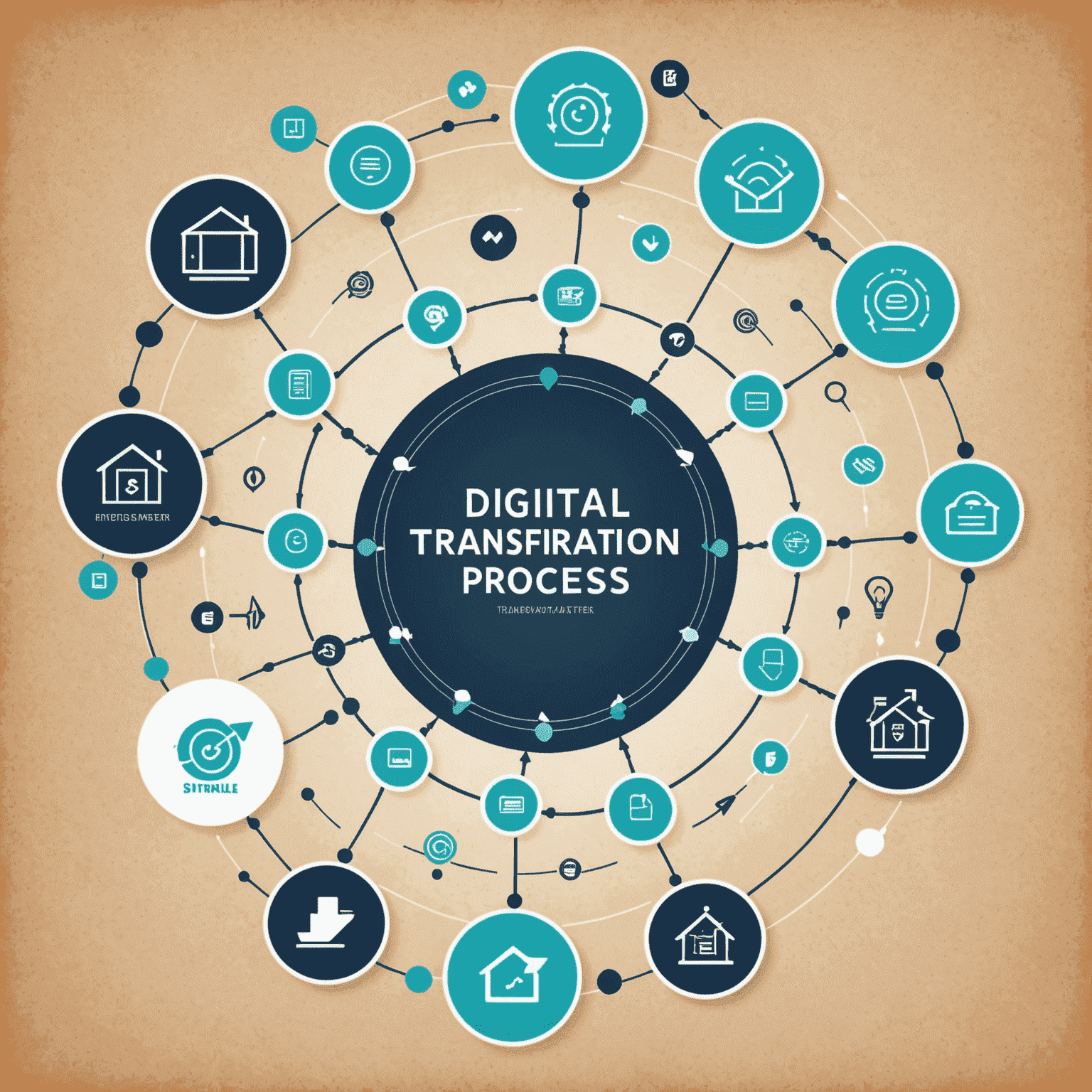 Gráfico interactivo mostrando el proceso de transformación digital con iconos de tecnología y flechas que indican el flujo de mejora