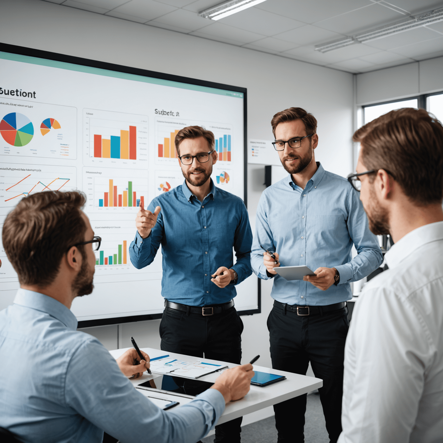 Equipo de TI discutiendo estrategias innovadoras frente a una pizarra digital con gráficos de análisis de mercado