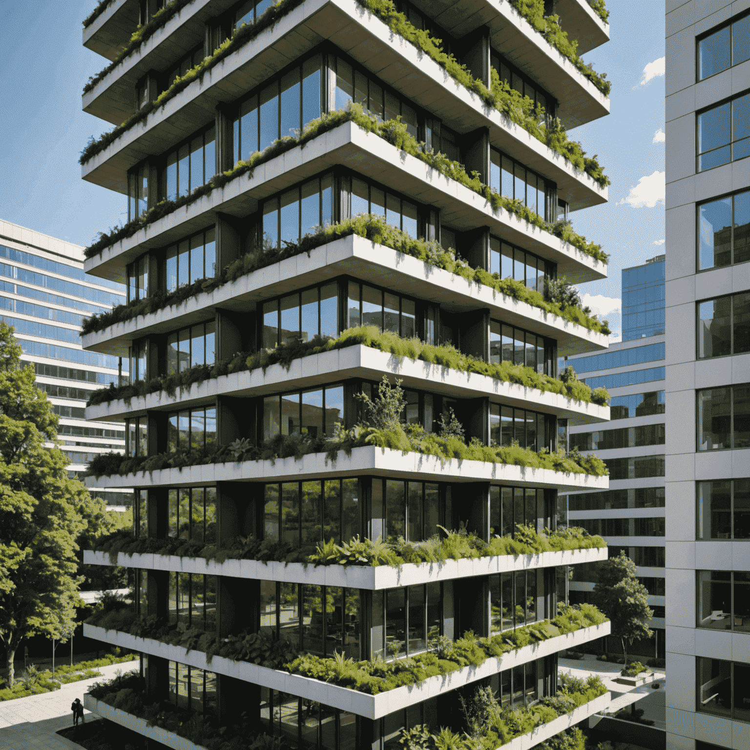 Imagen de un edificio de oficinas moderno con paneles solares y jardines verticales, simbolizando prácticas empresariales sostenibles