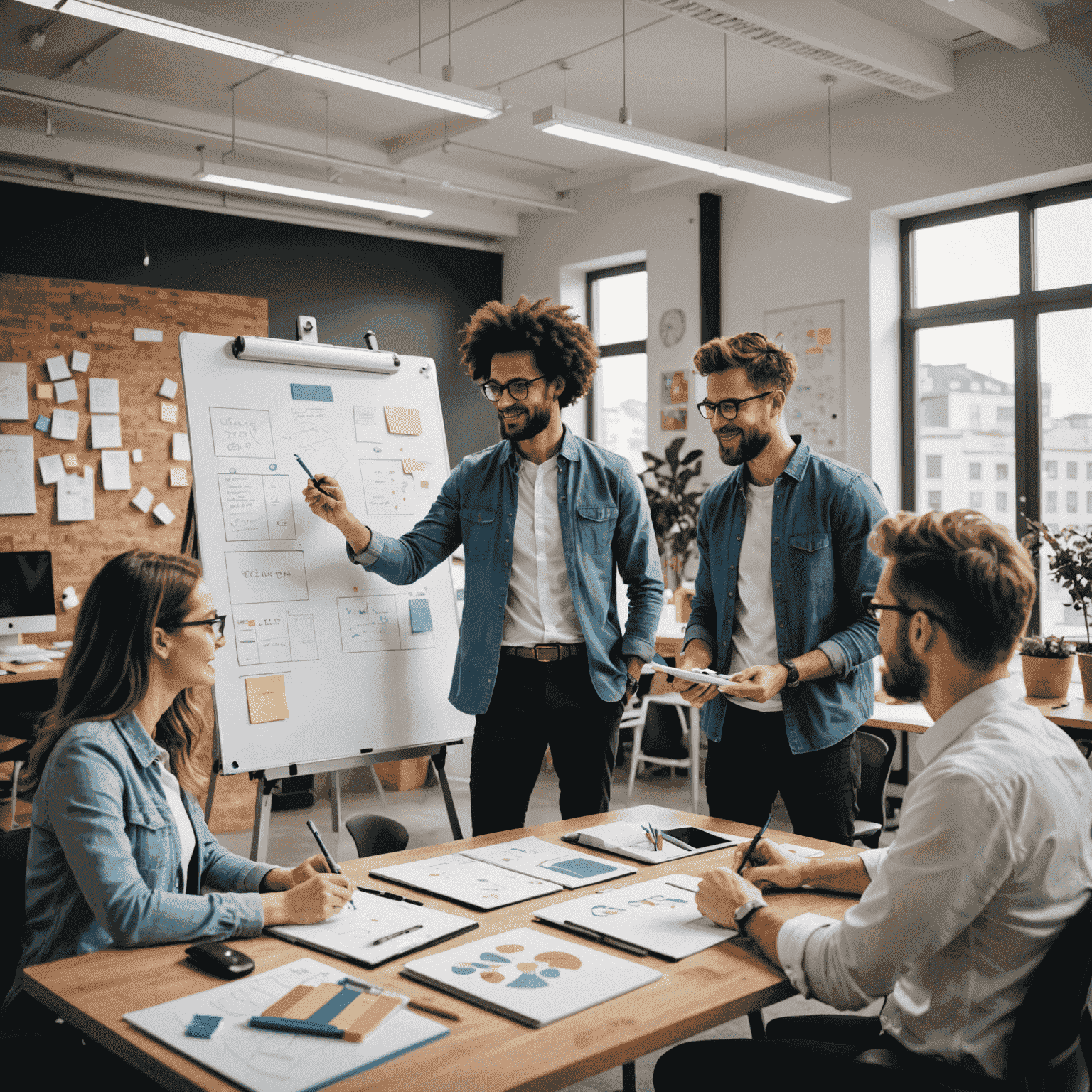 Imagen de un equipo de marketing trabajando en una oficina creativa con pizarras llenas de ideas y estrategias de marketing digital