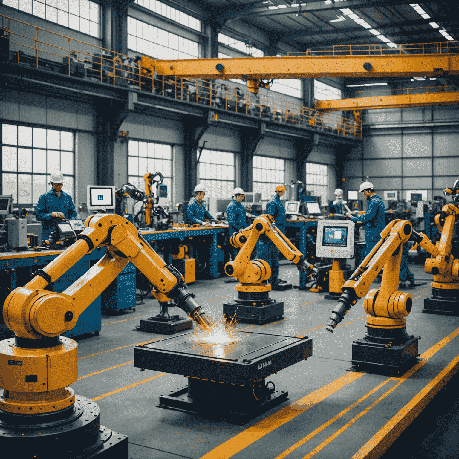 Imagen de una fábrica moderna con robots y trabajadores colaborando, simbolizando la transformación digital en la industria manufacturera