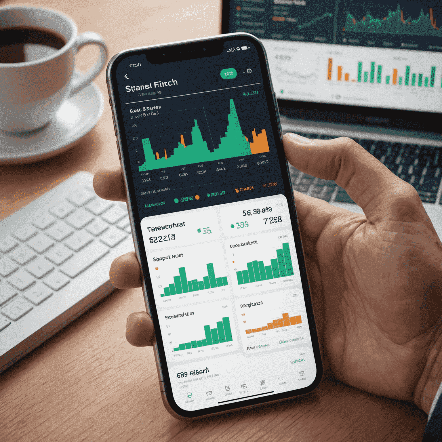 Interfaz de usuario de la app de FinTech Revolution mostrando gráficos financieros y opciones de inversión accesibles