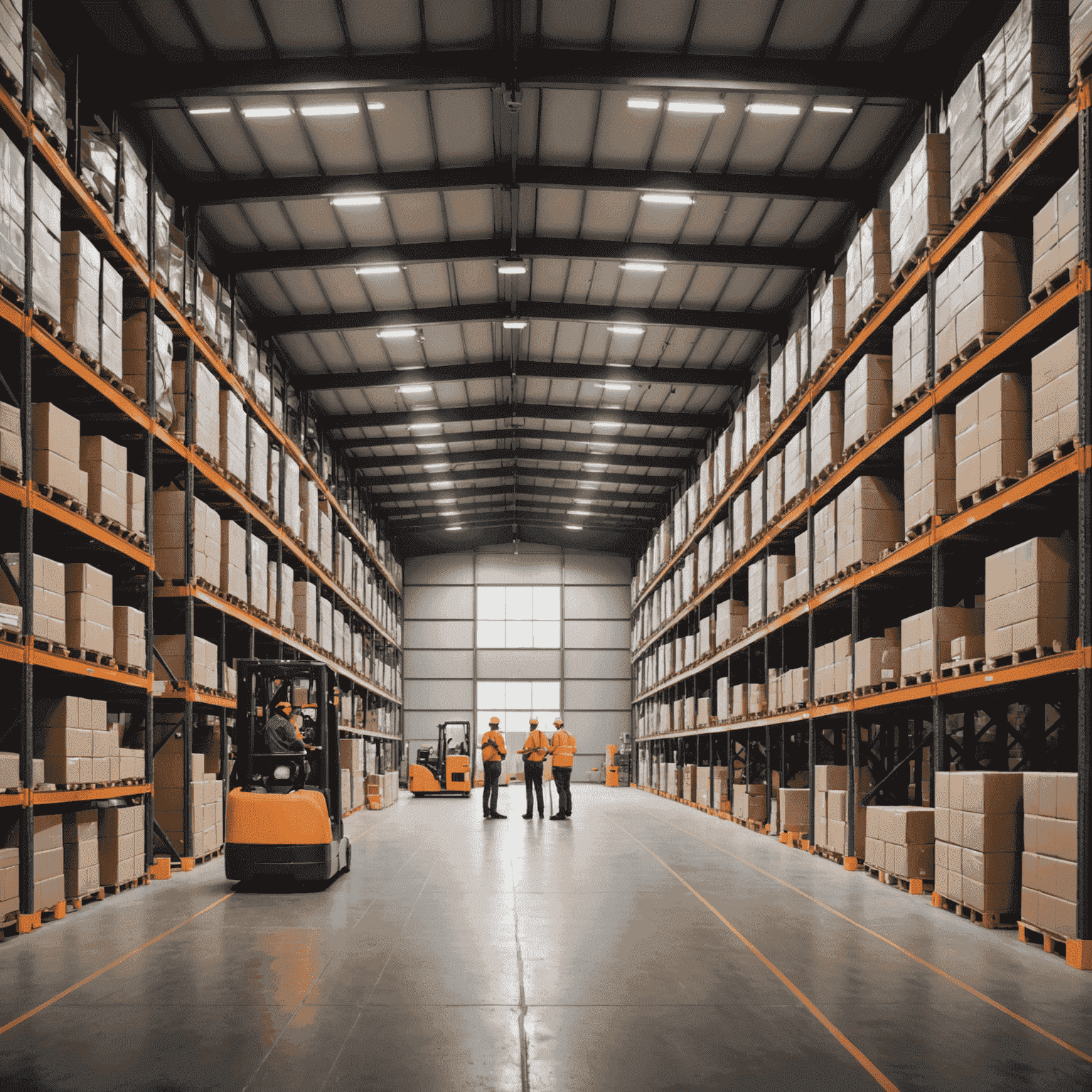 Imagen de un almacén moderno con trabajadores y sistemas automatizados de gestión de inventario
