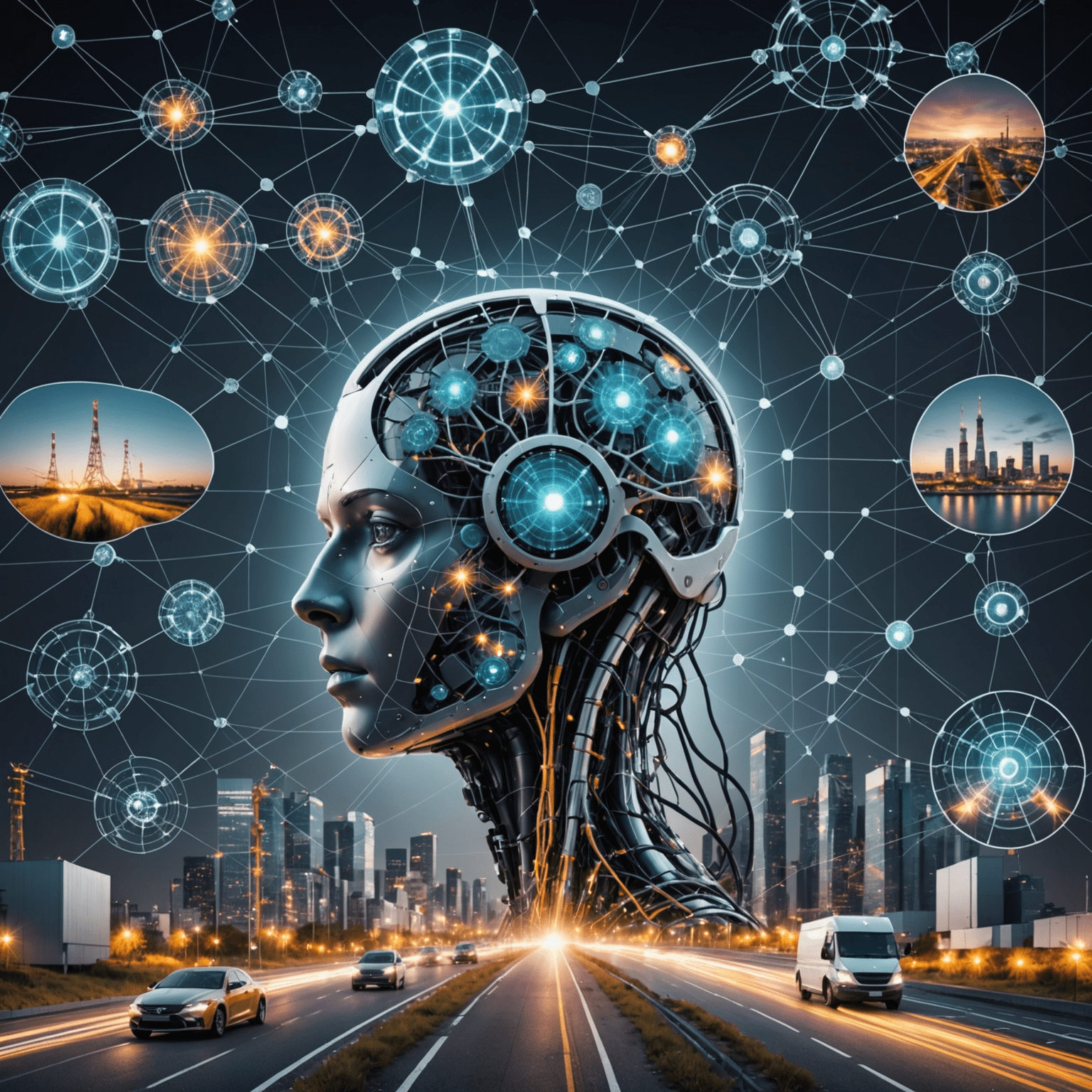 Representación visual de una red neuronal artificial superpuesta sobre imágenes de diferentes industrias, mostrando la aplicación generalizada de la IA