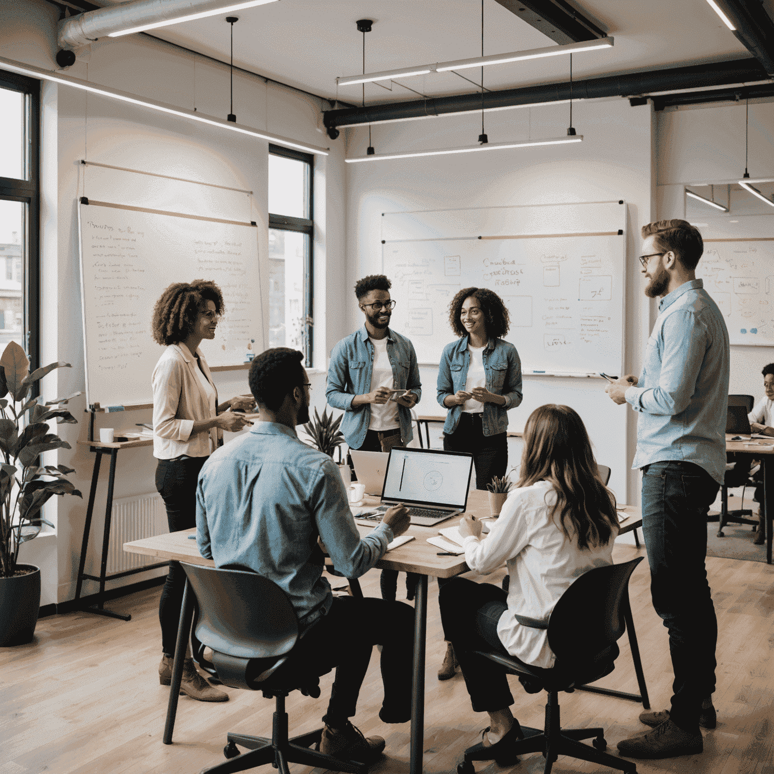 Imagen de un equipo diverso trabajando en un espacio de coworking moderno con pizarras llenas de ideas innovadoras